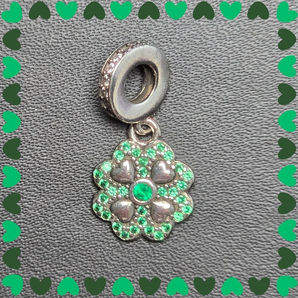 Silver 925 Clover Charm Pendant With Green CZs & Heart Accents - Picture 1 of 4